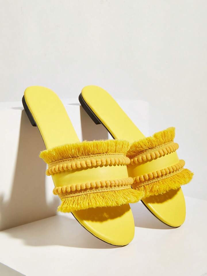 Women Fringe & Pom Pom Decor Slide Sandals, Funky Yellow Flat Sandals | SHEIN