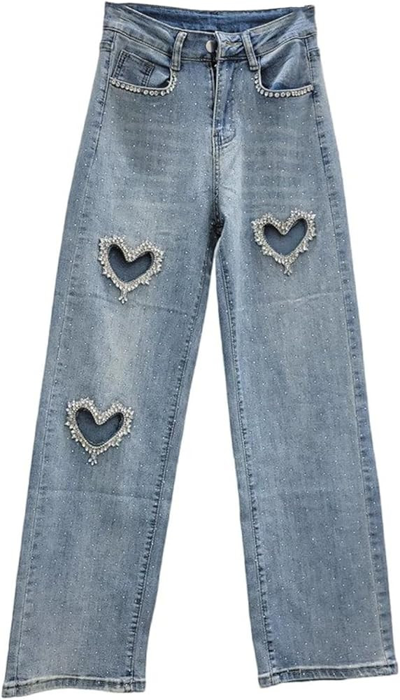 Womens High Waisted Rhinestone Jeans Heart Cutout Straight Leg Trendy Baggy Denim Pants Trousers | Amazon (US)