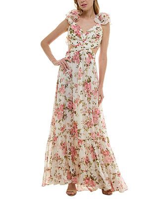 B Darlin Juniors' Floral-Print Strappy-Back Ruffled Gown - Macy's | Macy's
