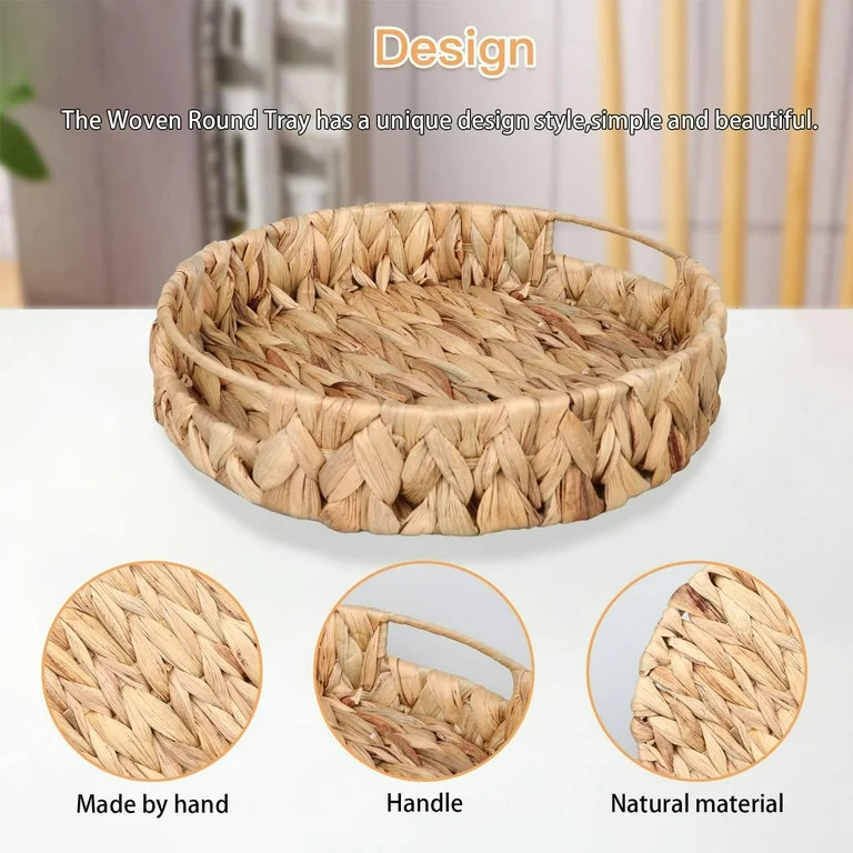 Natural Water Hyacinth Round Serving Tray,Hand Woven Tray Storage Baskets,Wicker Serving Trays wi... | Walmart (US)