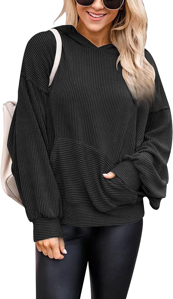 PRETTYGARDEN Women’s Casual Solid Color Long Sleeve Ribbed Hoodies With Pockets Pullover Sweats... | Amazon (US)