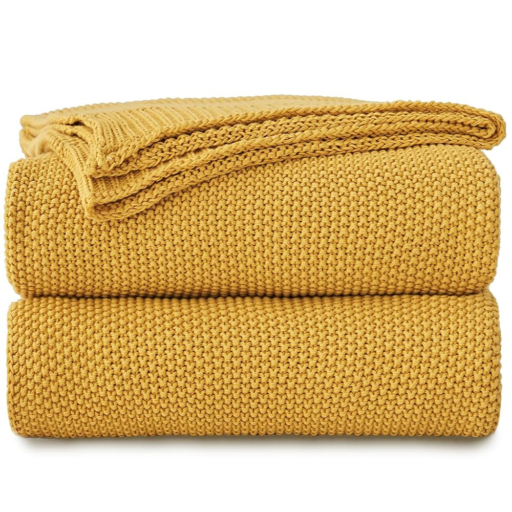 Longhui bedding Mustard Yellow Cotton Cable Knit Throw Blanket for Couch Sofa Bed, Home Decorativ... | Amazon (US)
