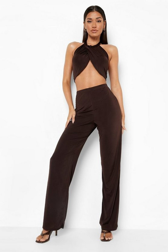 Slinky Halter Neck Crop & Wide Leg Trousers | Boohoo.com (US & CA)
