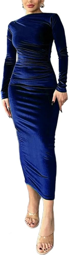Women's Velvet Bodycon Midi Dress Long Sleeve Ruched Slim Fit Cocktail Party Dresses | Amazon (US)