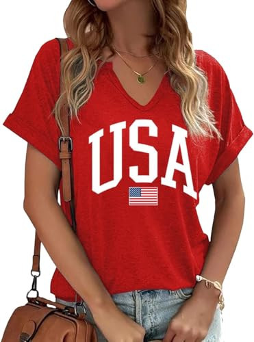 Women's Big USA Printed V Neck Shirt 4th of July American Flag Graphic Short Sleeve Tee Summer Patriotic Proud Tops(S,C-Red-9) | Amazon (US)