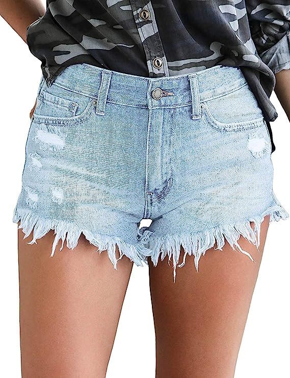 luvamia Women's Casual Denim Shorts Frayed Raw Hem Ripped Jeans Shorts | Amazon (US)