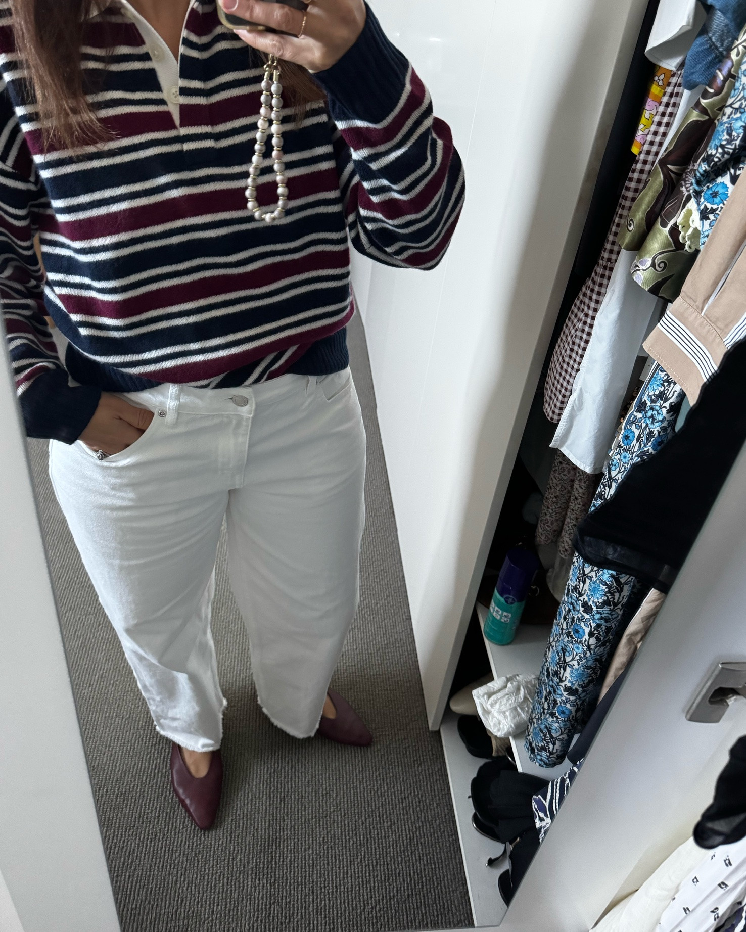 Striped polo and white jeans - a fresh take on autumn dressing. Flats by Aeyde

#LTKaustralia #LTKjeans