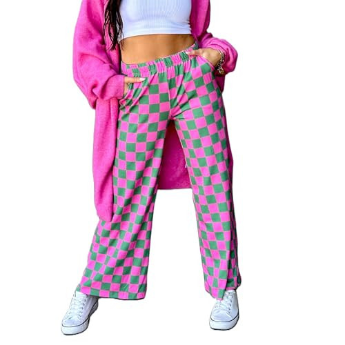 Wide Leg Checkered Pants Women High Waisted Checkerboard Lounge Pajama Bottoms Sweatpants Trousers Casual Loose Fit (Red and Green, XL) | Amazon (US)