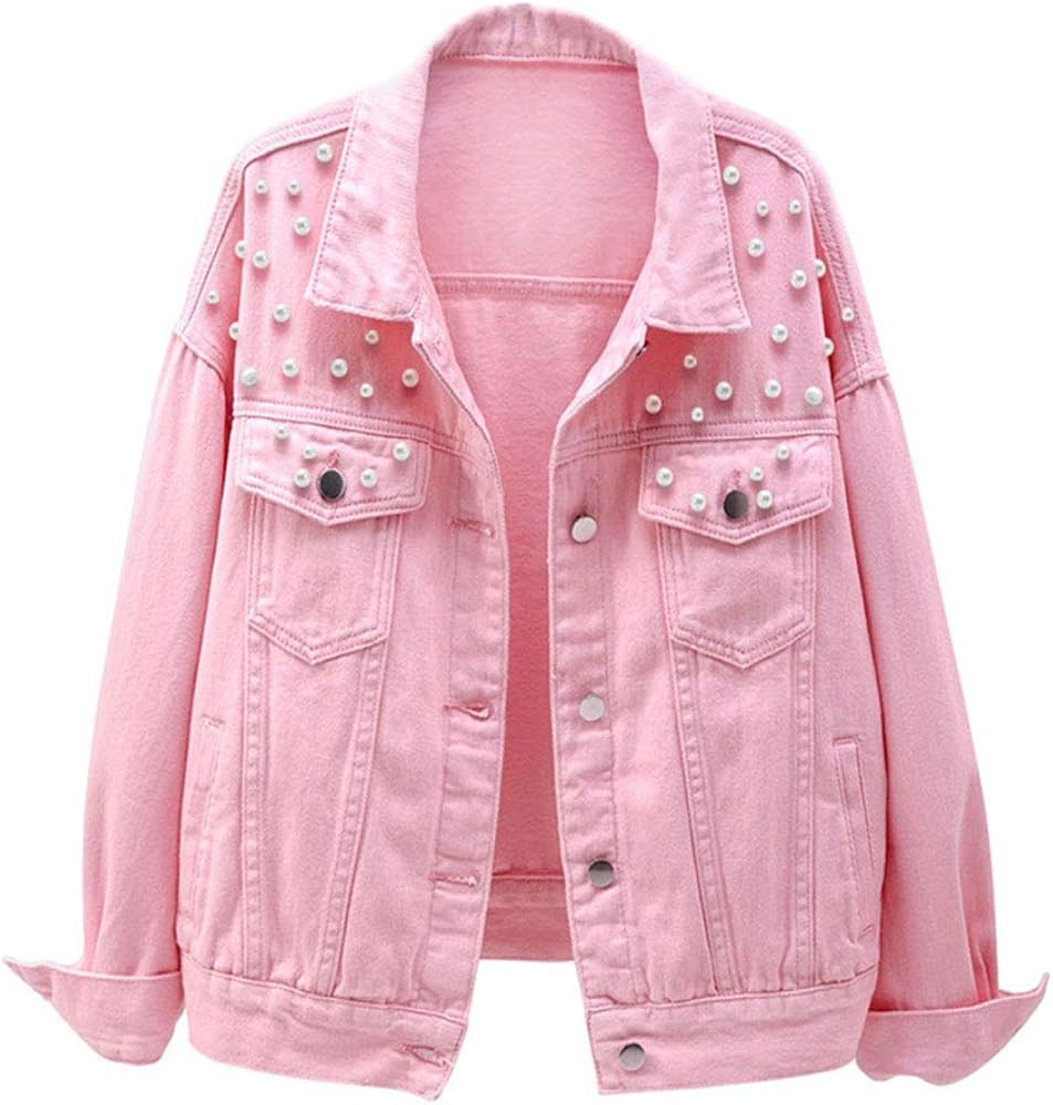 LifeShe Women's Embroidered Pearl Denim Jean Jacket Coat | Amazon (US)