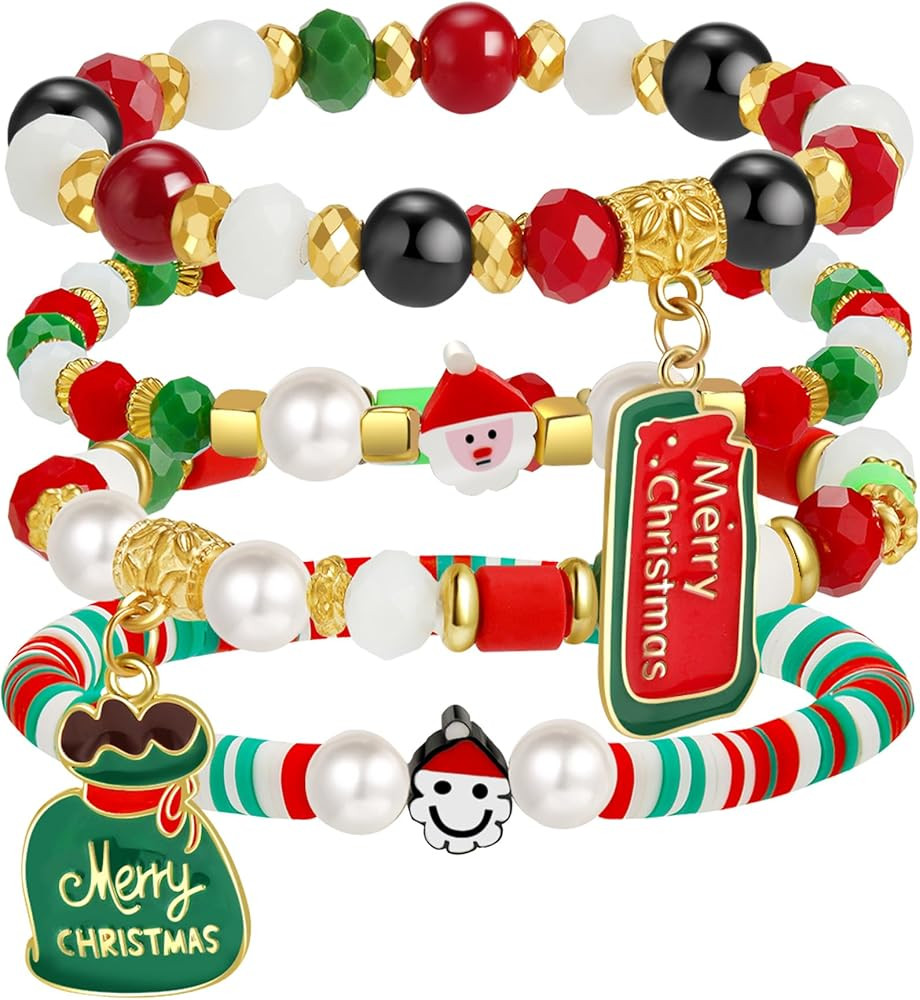 pVq Christmas Bracelets for Women Beaded Stretch Bracelet Holiday Charm Bracelets Jewelry Gifts C... | Amazon (US)