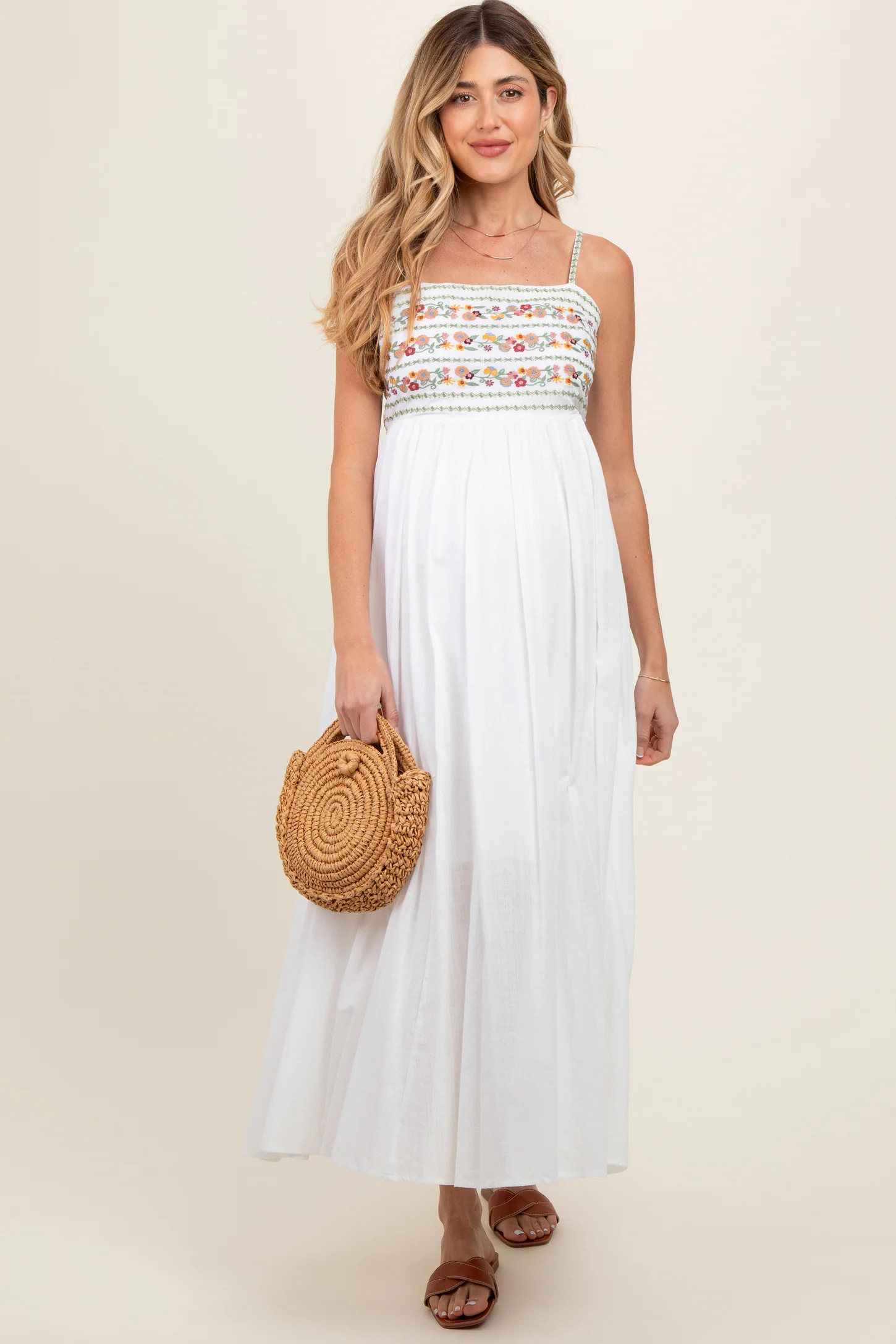 Multi-Color Floral Embroidered Lace-Up Back Maternity Maxi Dress | PinkBlush Maternity
