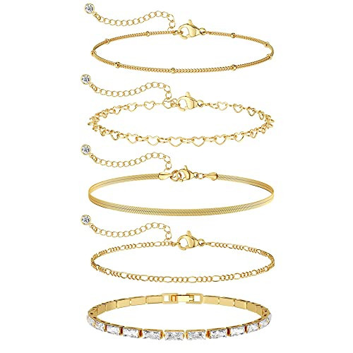 MBW 14K Gold Plated Bracelets for Women, Dainty Tennis Bracelet Set Stackable Bracelets CZ Tiny Cute Heart Figaro Link Chain Bracelet Minimalist Waterproof Jewelry for Women Trendy | Amazon (US)