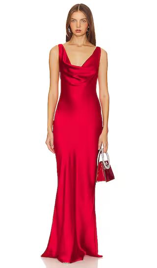 Deep Drape Neck Gown in Tiger Red | Revolve Clothing (Global)