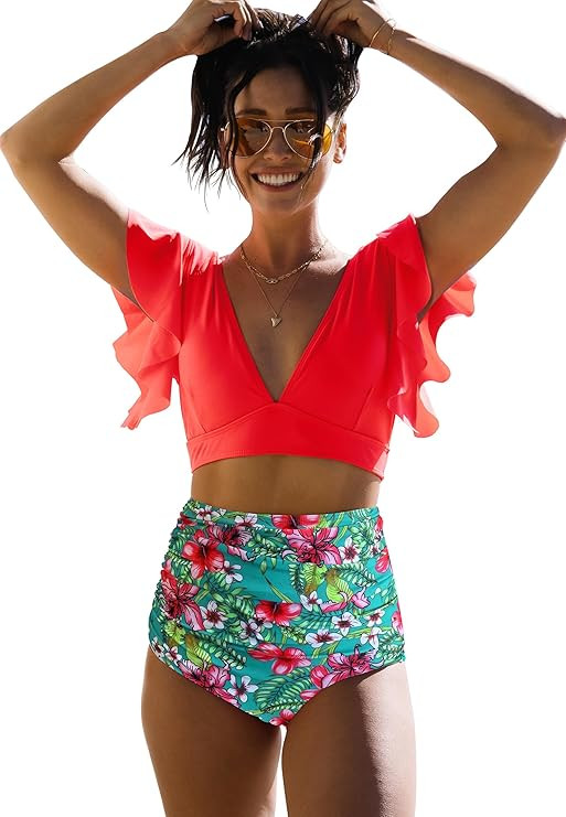 SPORLIKE Women Ruffle High Waist Swimsuit Two Pieces Push Up Tropical Print Bikini | Amazon (US)