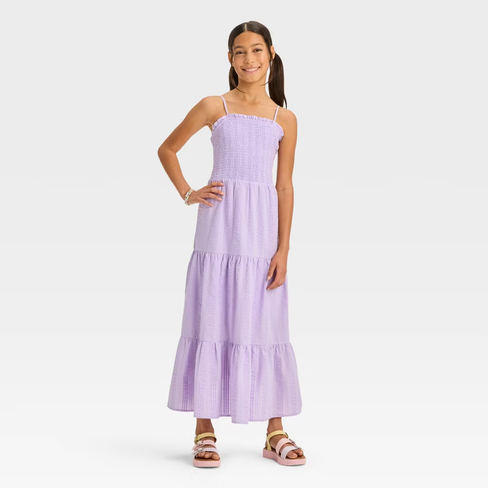 Girls' Smocked Bodice Tie Back Woven Textured Maxi Dress - art class™ | Target
