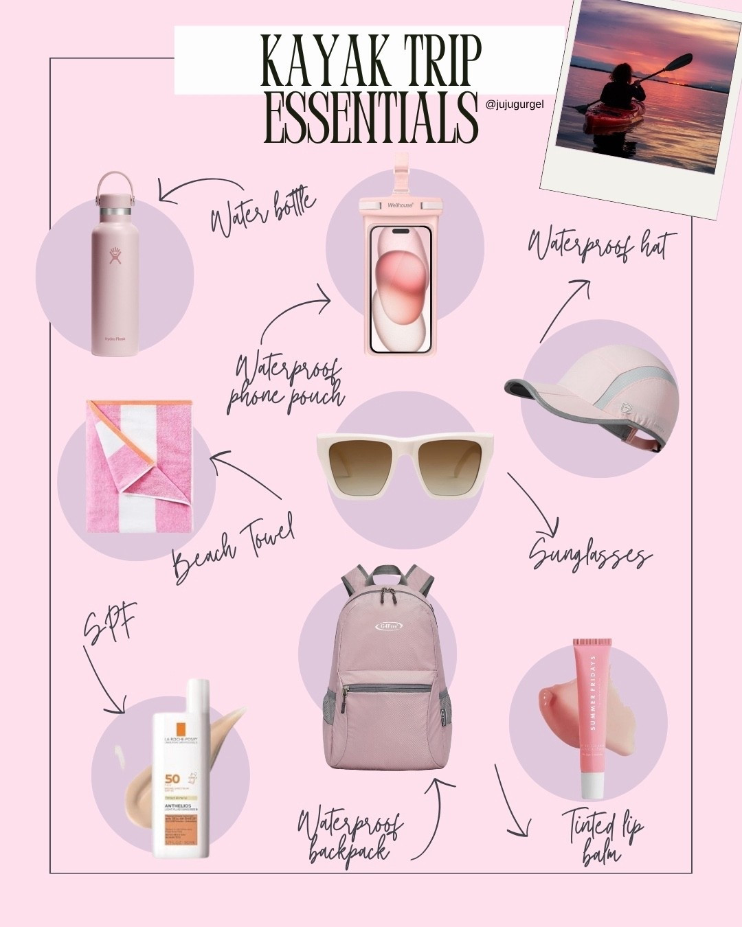 Must-haves for your next kayak adventure. Stay hydrated and protected with these essentials.