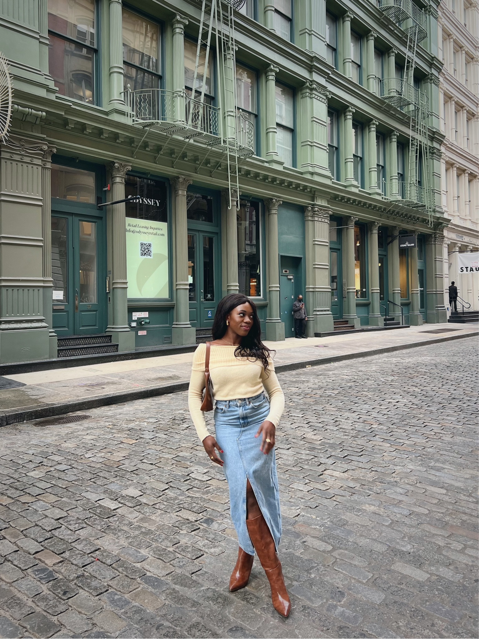 Outfit inspo, outfit ideas, fall outfit, denim skirt, off the shoulder sweater, boots, knee high boots, brown boots, chic outfit, ootd, fall style 

#LTKfindsunder100 #LTKHolidaySale #LTKworkwear