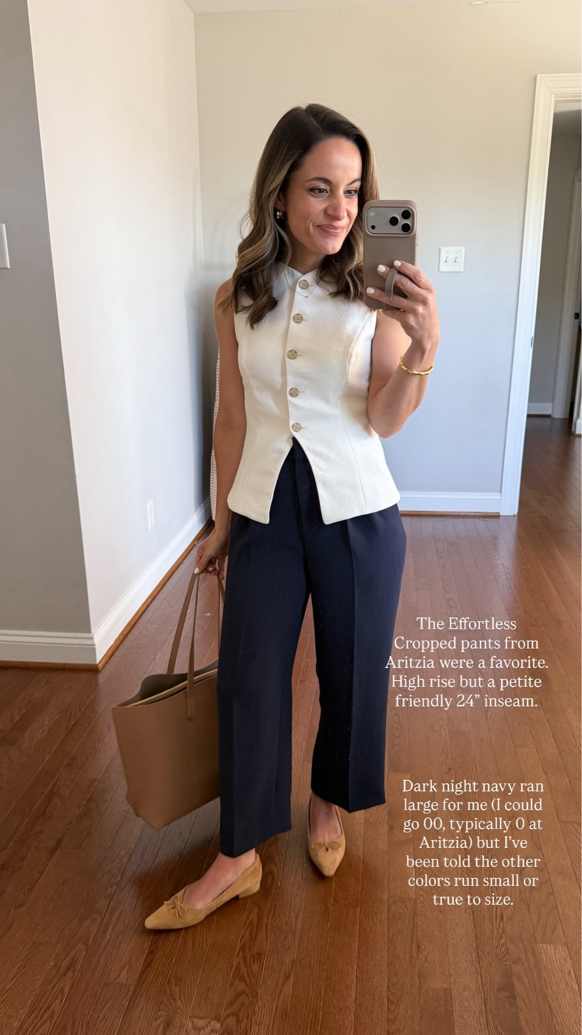 A look at the top five sellers of June! 

Effortless crop pants (Aritzia): 0 in dark night navy (I could have gone for 00). 11.5” rise 24” inseam 
Vest (Aritzia): 0 - sized up
