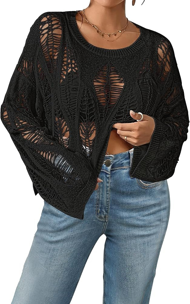 Bsubseach Women’s 2024 Fall Cropped Sweaters Hollow Out Long Bell Sleeve Crew Neck Pullover Ove... | Amazon (US)