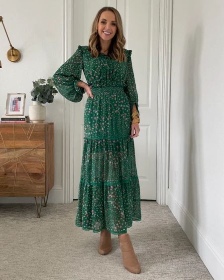 Green floral spring dress with tan ankle boots 

#LTKwedding #LTKSeasonal #LTKstyletip