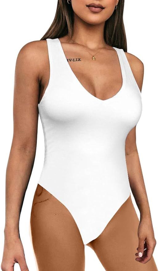 LAGSHIAN Women's Sexy Bodycon Basic V Neck Sleeveless Party One Piece Leotrad Bodysuit | Amazon (US)