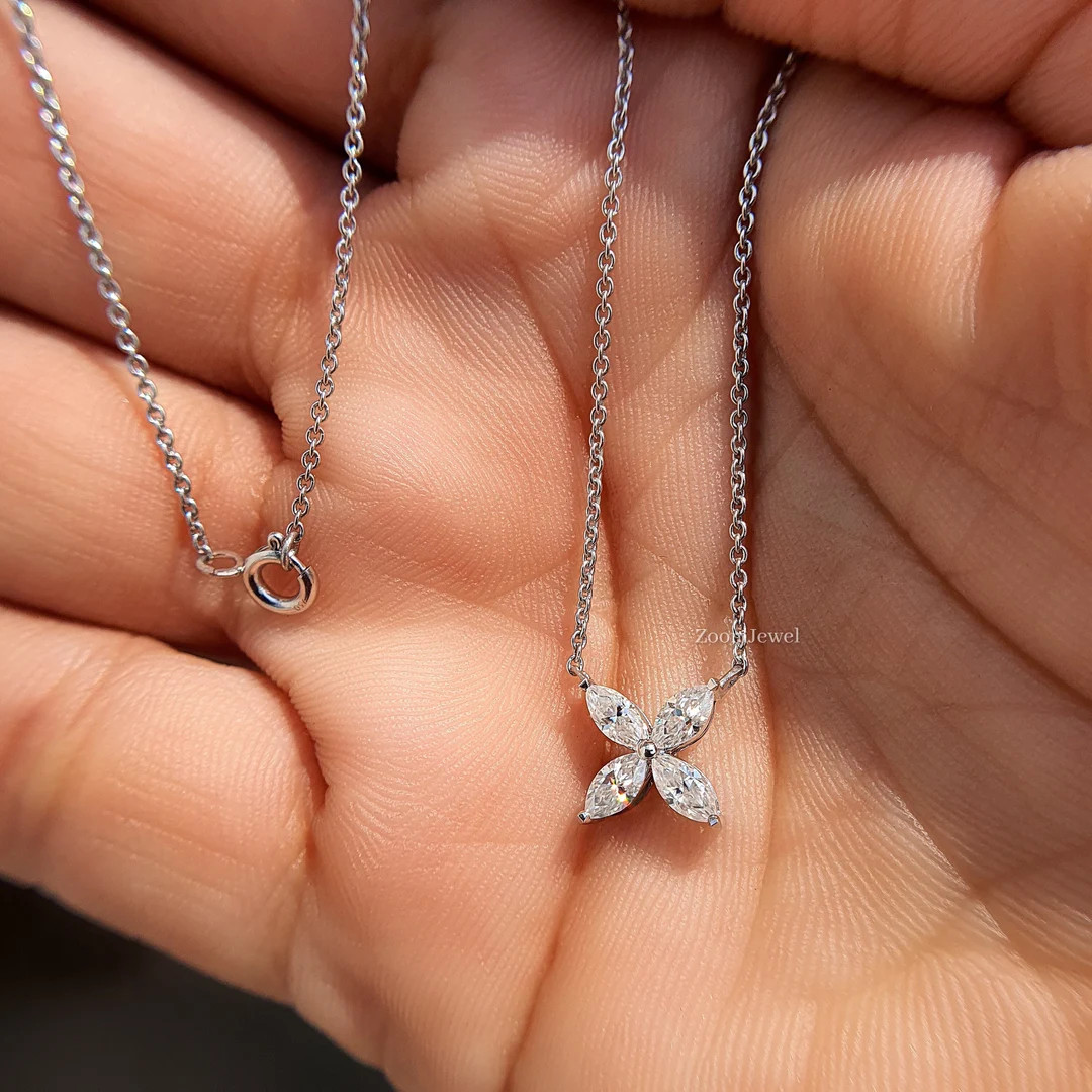 Flower Diamond Necklace, Marquise Diamond Necklace, Minimalist Necklace, Real Gold Pendant, Marqu... | Etsy (US)