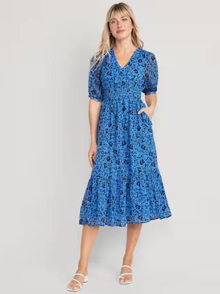 Waist-Defined V-Neck Midi Dress for Women | Old Navy (US)