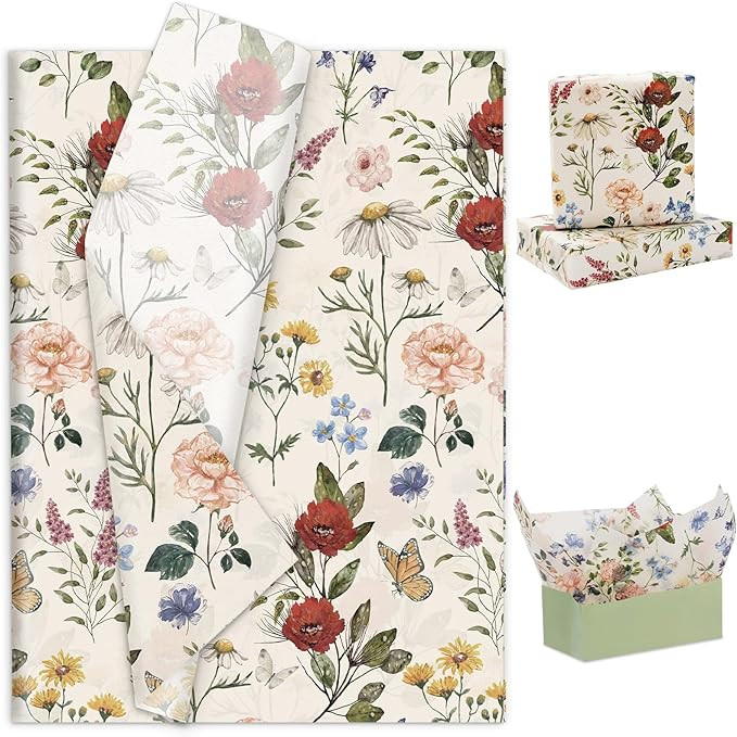 100 Sheets Floral Tissue Paper Vintage Wildflower Gift Wrapping Paper Butterfly Flower Printed DI... | Amazon (US)