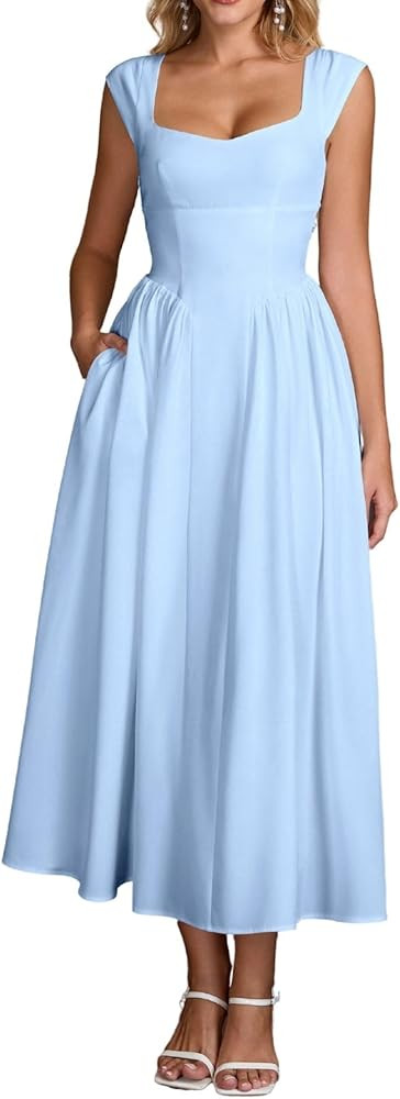 Parthea Women‘s Square Neck Midi Dress A Line Flowy Back Cutout Wedding Guest Dresses | Amazon (US)