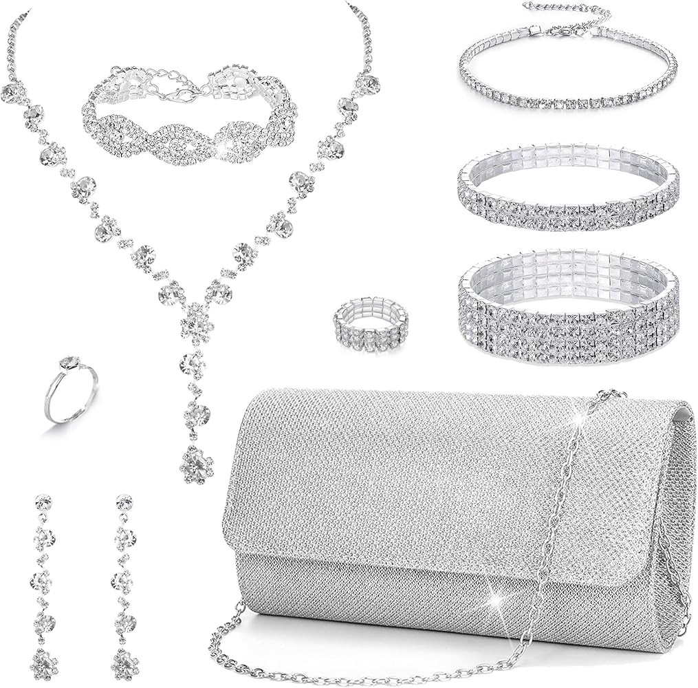 EIELO Purse Rhinestone Bridal Jewelry Sets for Women Clutch Purse Necklace Earrings Bracelet Jewe... | Amazon (US)