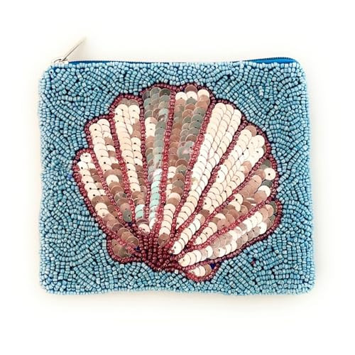 Seashell Beaded Pouch Purse, Blue Beaded Purse Pouch, Beach Lover Coin Purse, Small Wallets for Her, Birthday Gift, Gift Card Bag, CP201 | Amazon (US)