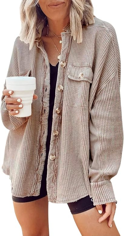 Yanekop Womens Waffle Knit Shacket Boyfriend Shirt Jacket Button Down Blouse Loose Fit Long Sleev... | Amazon (US)