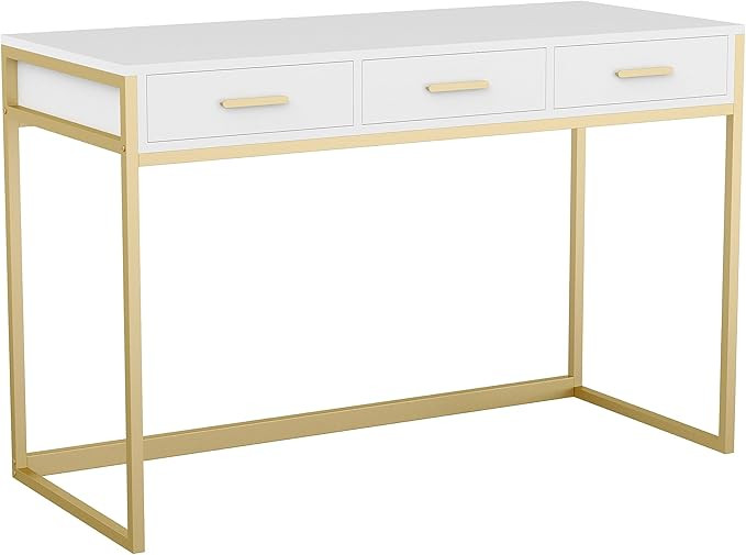 Martha Stewart Ollie Home Office Desk with 3 Drawers in White with Polished Brass Hardware | Amazon (US)