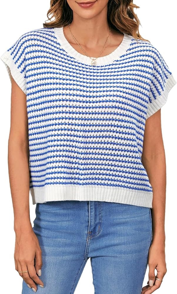 MakeMeChic Women's Striped Knit Vest Tops Short Sleeve Sweater Vest Tank Top | Amazon (US)