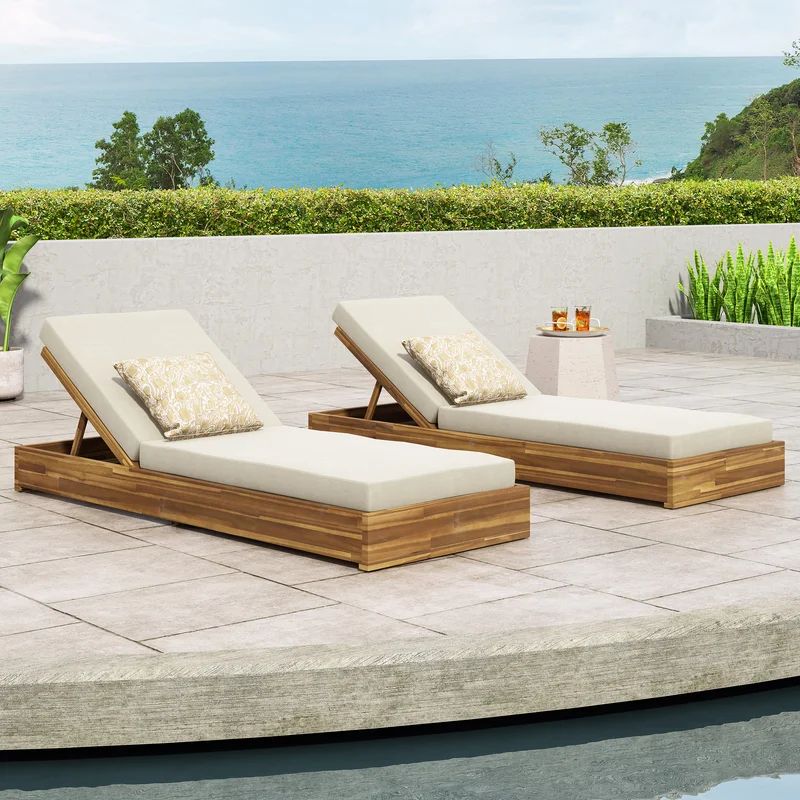 Leite 79" Long Reclining Acacia Chaise Lounge Set with Cushions (Set of 2) | Wayfair Professional