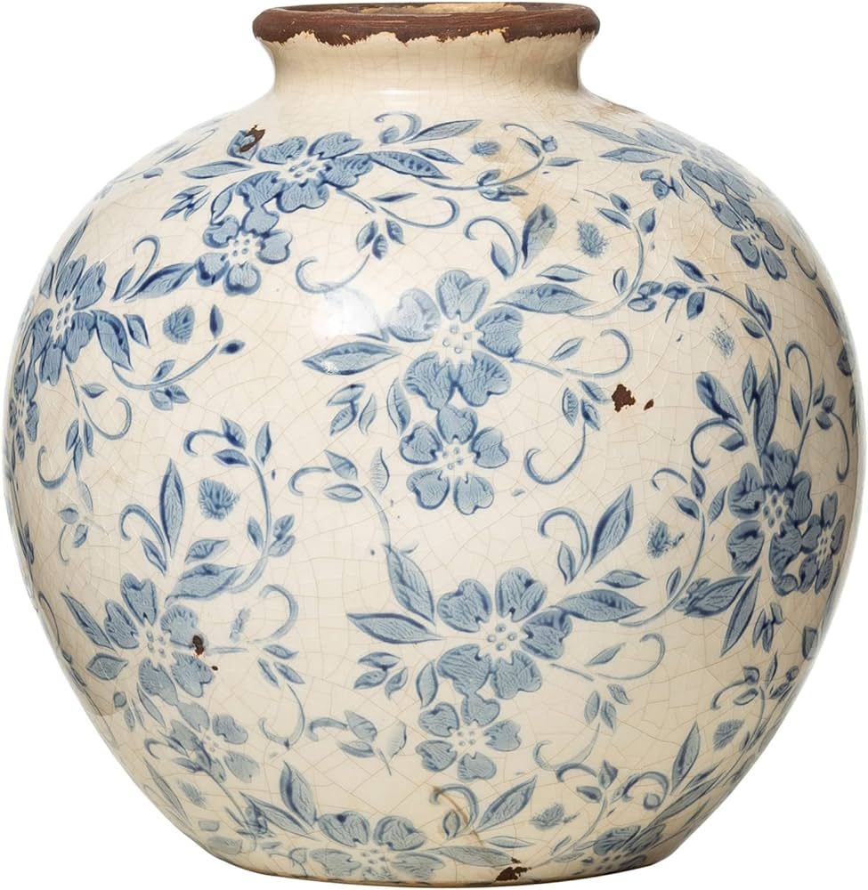 Creative Co-Op DF2720 8" H Terracotta Floral Transferware Pattern & Crackle Finish Vase, Blue | Amazon (US)