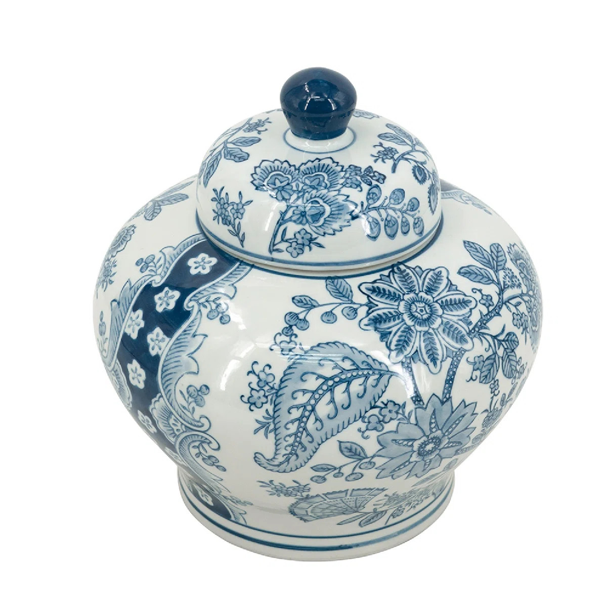 Porcelain Lidded Jar with Floral Patterns - 9"Dia. x 9" - Blue /White | Wayfair North America