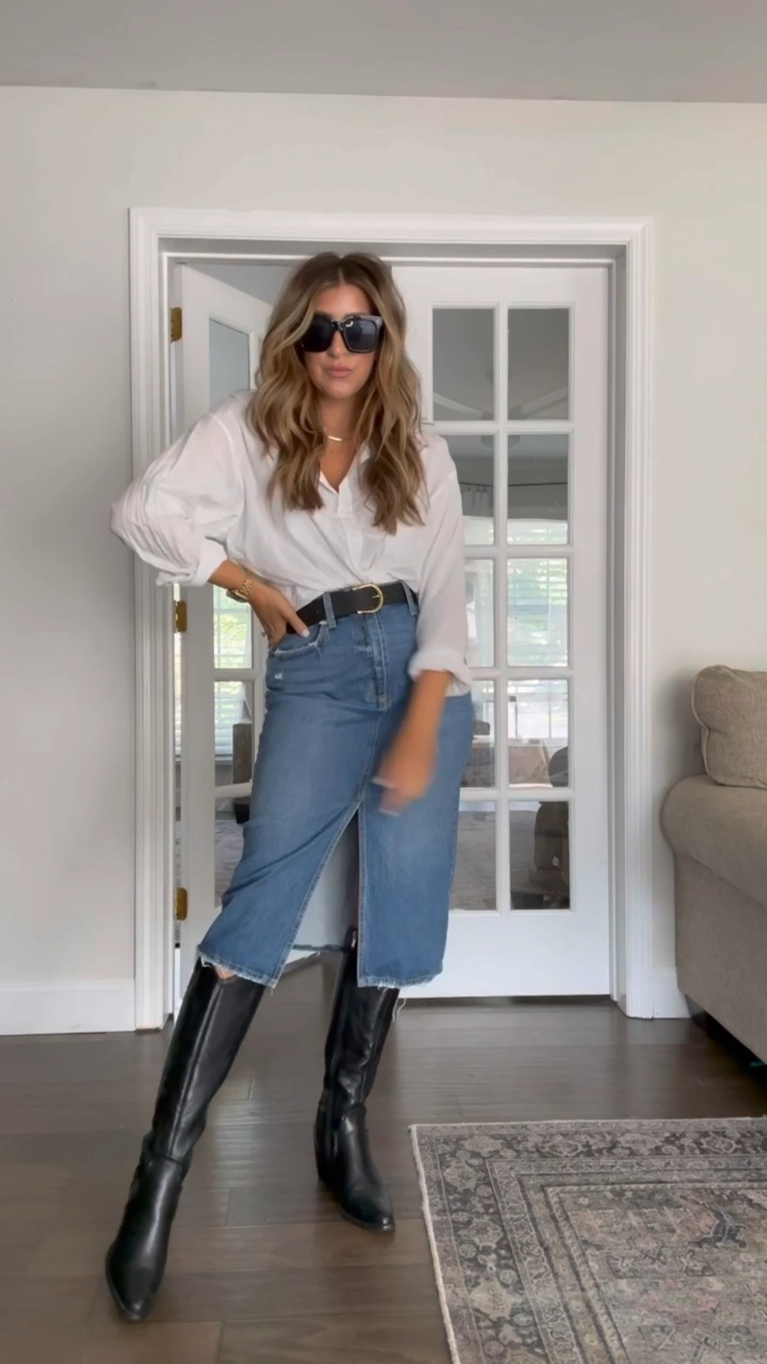 Denim midi skirt + oversized button down. My fav new fall outfit. Linked some midi skirt options for fall that are under $40 in stock!🙌🏼

Follow for more fall fashion! Xx 
LTKunder100 

#LTKstyletip #LTKSeasonal