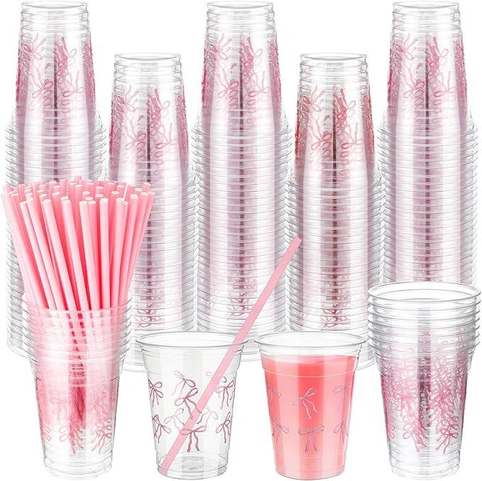 100 Pack Pink Bow Plastic Cups with Paper Straws 12 oz Disposable Coquette Coffee Cups Pink Bowkn... | Amazon (US)