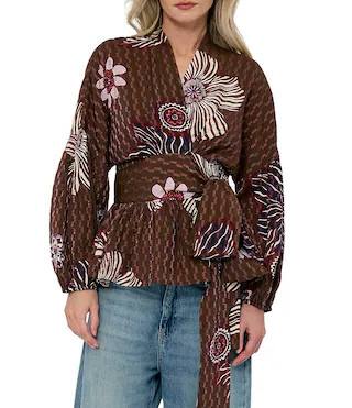 CIEBON Opal Textured Floral Printed Surplice V-Neck Long Sleeve Wrap Blouse -  S | Dillard's