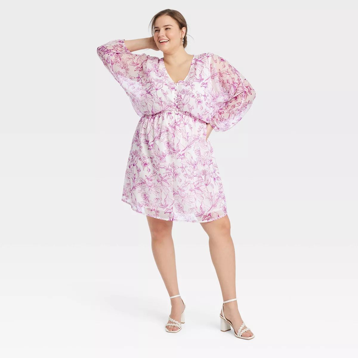 Women's Balloon Long Sleeve Mini Dress - A New Day™ Cream/Purple Floral 2X | Target