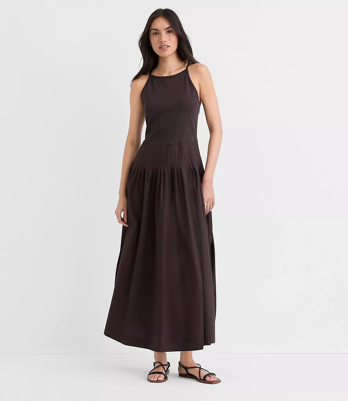 Pleated Mixed Media Midi Halter Dress | LOFT