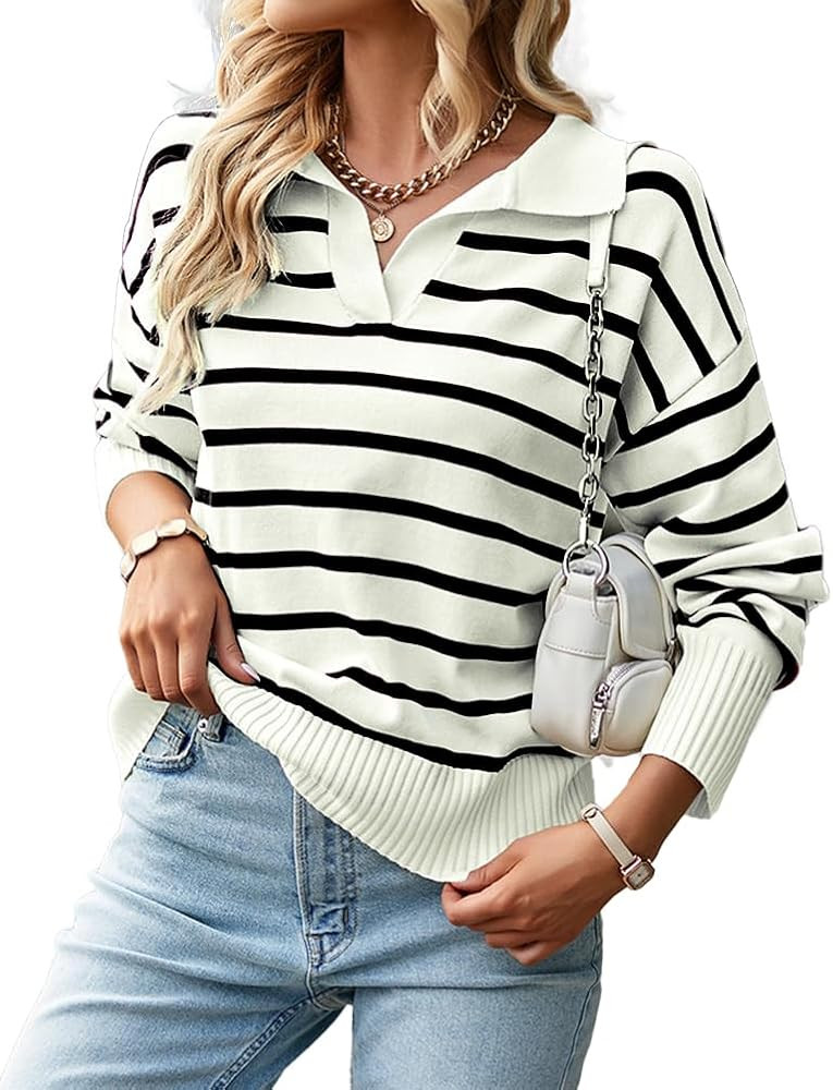IDEALSANXUN Women Knit Sweaters Trendy Casual Loose Long Sleeve Polo Striped Ribbed Pullover Swea... | Amazon (US)