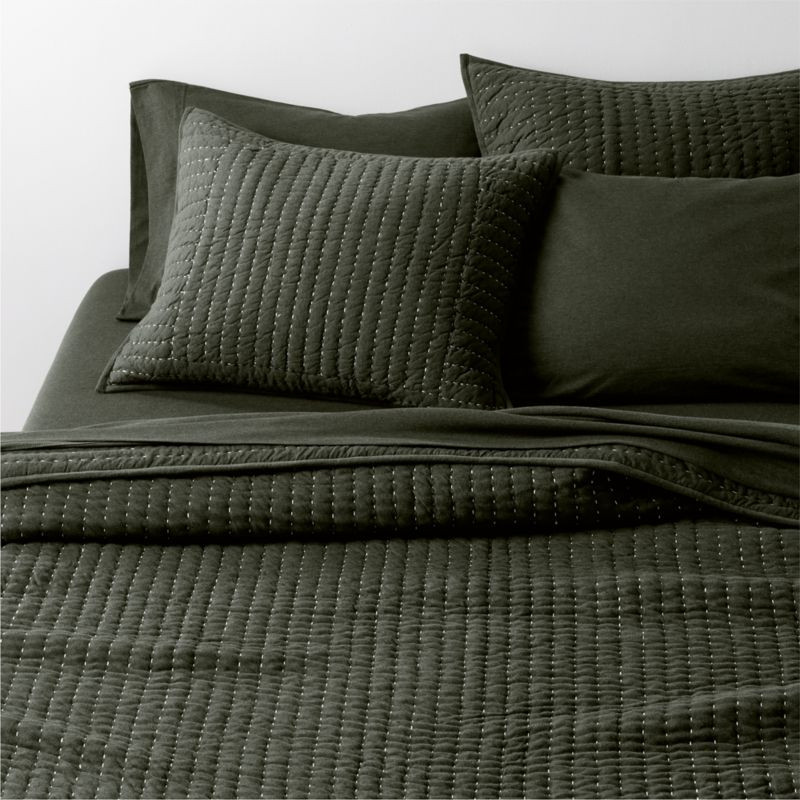 Cozysoft Organic Cotton Jersey Ficus Green King Quilt | Crate & Barrel