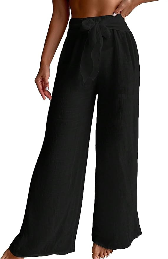 COZYEASE Women's Beach Cover Up Pants Mesh Tie Front Wide Leg Loose Bathing Suit Cover Up Beach P... | Amazon (US)