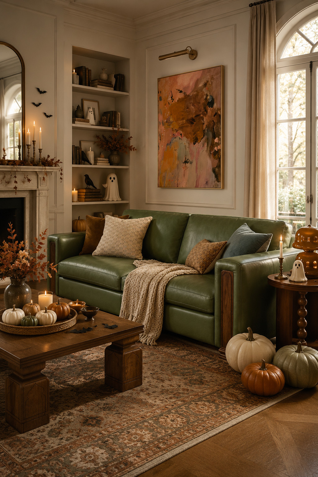 This green leather sofa is seriously made for fall 🍂💚 I love how cozy it looks with warm wood tones, pumpkins, candles, little ghost accents, and just enough spooky decor. Such a pretty way to make the living room feel festive without going too crazy for Halloween. #LTKHome #LTKFall #FallLivingRoom #HalloweenDecor #FallHomeDecor #CozyHome #LivingRoomInspo #PumpkinDecor #SpookySeason #AutumnHome #FallDecorIdeas #CozyLivingRoom #HalloweenHome #HomeInspo 

 #LTKSeasonal #LTKHome #LTKSaleAlert