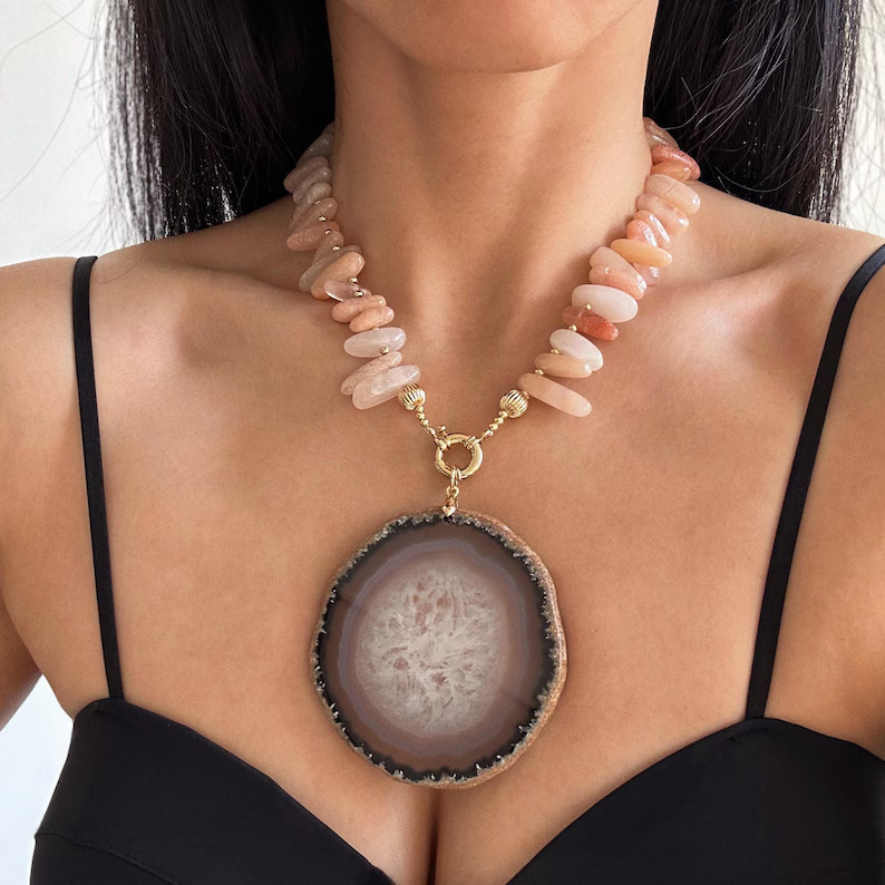 Pink Gemstone Bar Bib Necklace With Large Agate Pendant, Bold Fan Shape Necklace, Multi Way Pink ... | Etsy (US)