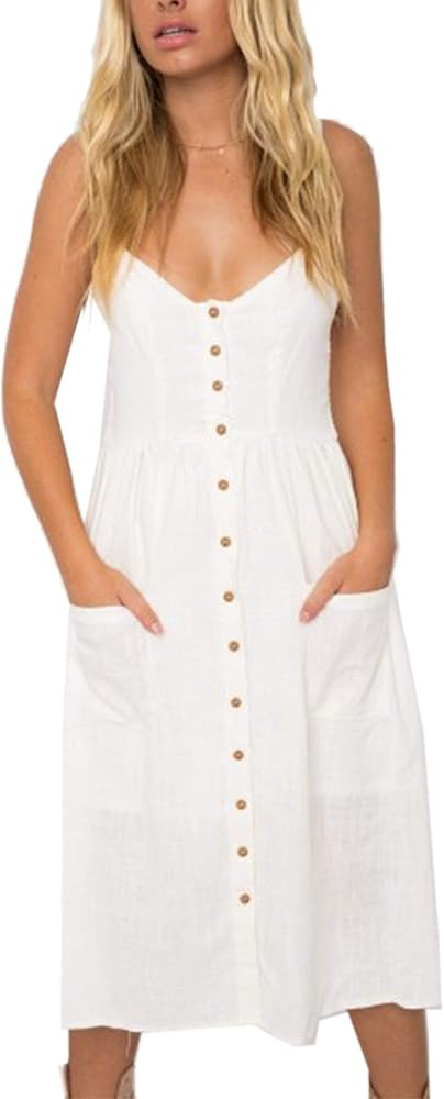 Angashion Women's Petite-Plus-Size Summer Floral Bohemian Spaghetti Strap Button Down Swing Midi Dre | Amazon (US)