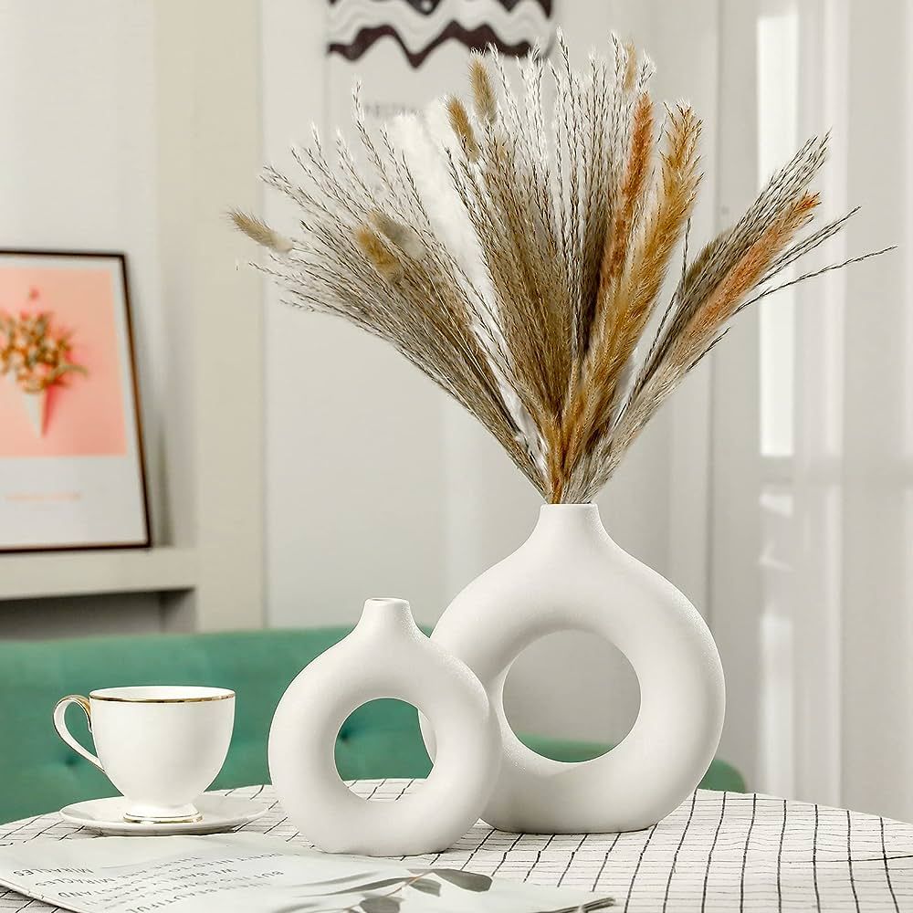 Boragai White Ceramic Vase Set of 2, Donut Vases for Home Decor, Small Flower Vase for Rustic Far... | Amazon (US)