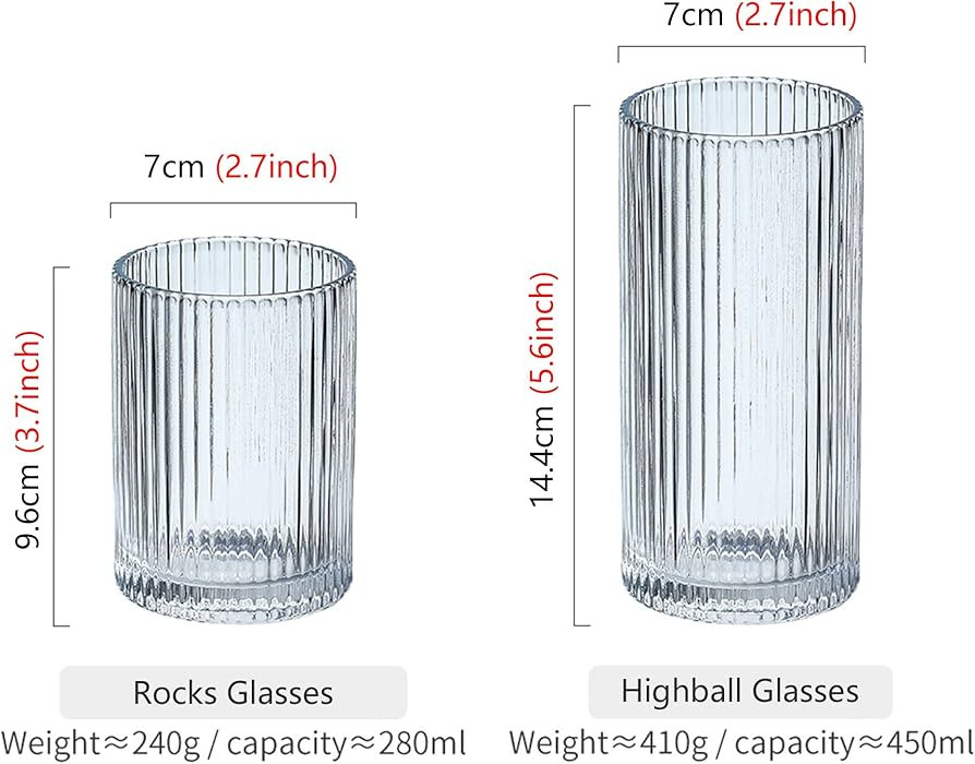 Drinking Glasses with Origami Style Set of 4 Glass Cups, 12 oz Ribbed Glassware, Highball Glass C... | Amazon (US)
